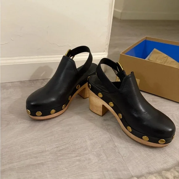 Charlotte Stone Black Leather High Heel Clogs - Picture 2 of 8